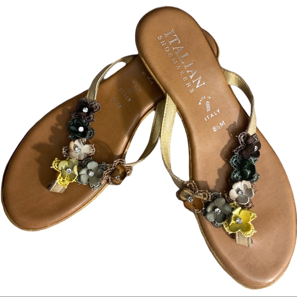 Italian Shoemakers Tan Floral Rhinestone Sandals Size 8.5M